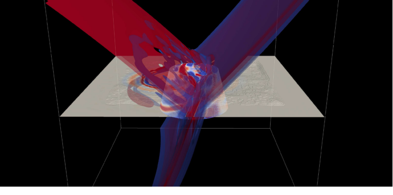 Numerical simulation computed with STRADIVARIUS of an incoming acoustic pulse, interacting with a prone object