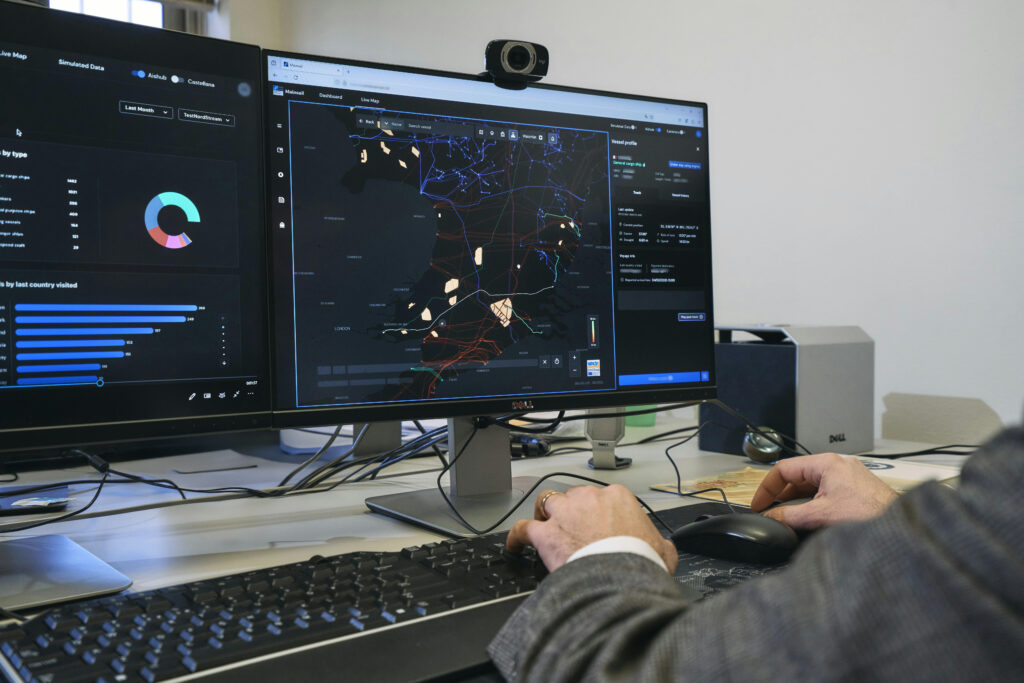 An interactive map shows vessel movements, while different colours and shapes are used to distinguish categories of undersea infrastructure. Mainsail’s analytics sections provide charts and statistics that summarise and contextualise the activity being observed.
